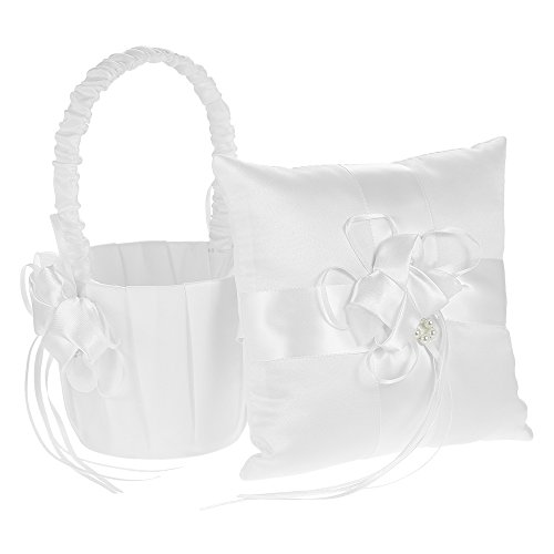 Heshifeng – Cuscino per anello nuziale, ricamato a fiori e arricchito con perle sintetiche, 21 x 21 cm, avorio 2