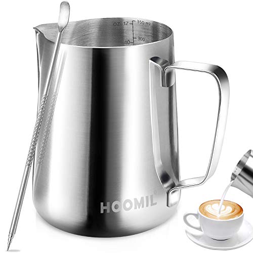 onehous Lattiera in Acciaio Inox 350ml, brocca in Schiuma di Latte Misura Perfetta 2 Tazze per Cappuccino, Macchina per caffè Espresso, Latte Art Penna caffè, Facile da Pulire, Argento