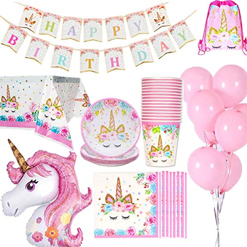 Yidaxing 131 Pezzi Decorazioni Compleanni Unicorno, Unicorno Party Kit Tovaglia Copertina Buon Compleanno Banner Borsa Unicorno Palloncini per Bambini Ragazze di Compleanno (16 Ospit )