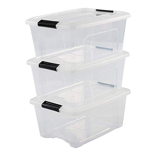 Iris Ohyama,3er-Set stackable storage boxes / boxes / stacking boxes, with snap closure, plastic, transparent lid, 15 L,