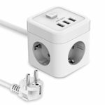 JSVER Multipresa Cubo 3 Scomparti con 3 USB, Power Strip Cube Multipresa Ciabatta USB 3 Prese(a due spine) Protezione Sovraccarico e di Sovratensione per ufficio, casa o viaggio Cavo 1,5 m Bianco