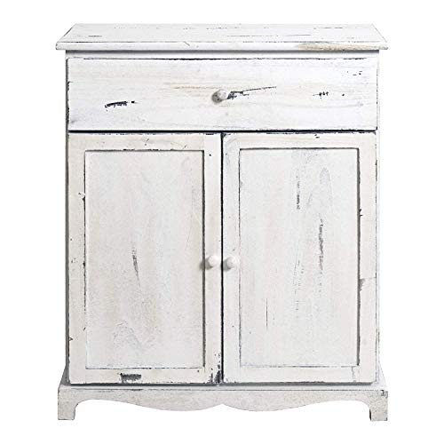 Rebecca Mobili Credenza Bianca, Mobile Multiuso Shabby, 1 cassetto 2 Ante, Legno Paulownia, Stile Shabby Vintage, Cucina Salotto Ingresso – Misure: 70 x 60 x 30 cm (HxLxP) – Art. RE4464