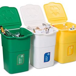 Tris mastelli pattumiera contenitori componibili 3PZ x 50LT per raccolta differenziata rifiuti immondizia bidoni secchio colorati bianco giallo verde con adesivi vetro carta plastica