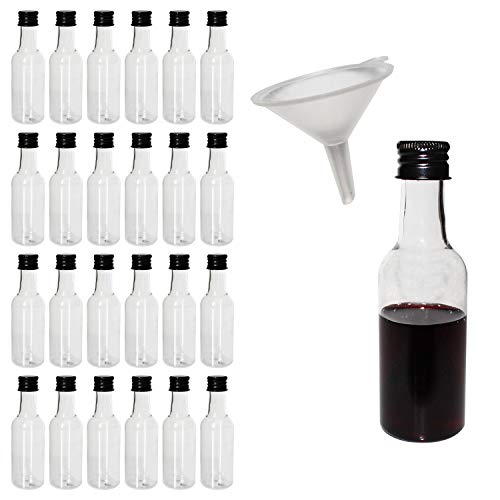 BELLE VOUS 24 Bottiglie da Liquore – Mini Bottiglie da 55 ml Plastica con Tappo Nero – Incluso Imbuto per versare Il Liquido nelle Bottiglie – Ideale per Matrimoni, Bomboniere, Arte, Colori, Eventi