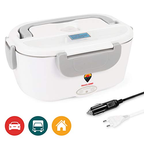 TRAVELISIMO Scaldavivande Elettrico 2 in 1 per Auto/Camion e Ufficio 220V & 12V 40W, Lunch Box Doppio Voltaggio Porta Pranzo di Acciaio Inossidabile 1.5L, Termo Portatile con Cucchiaio e 2 Scomparti