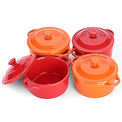 Lifver 200ml Piatto Soufflé in ceramica / Mini Casseruola / Ramekin, Ciotole da immersione-4 Confezioni, Rosso ciliegia e Arancio, Rotondo.