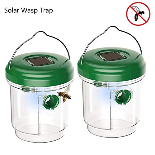 Kyerivs Wasp Trap Catcher with UV LED Light Upgraded Solar Powered Trap for Bees, Wasps, Hornets, Yellow Jackets, Bugs, Fly, Reusable(2 Pack)