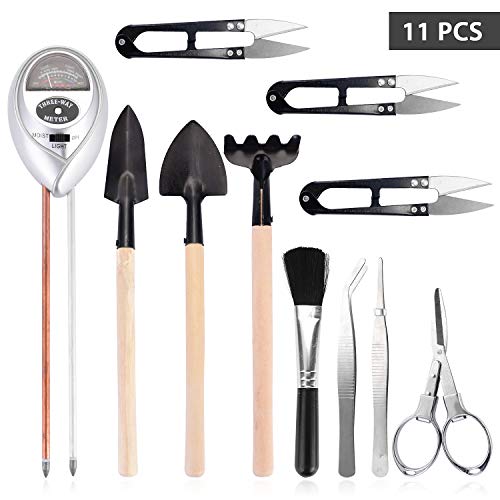 Misuratore del Suolo con 10 Pezzi di Strumenti Bonsai, Sensore di umidità 3 in 1 Luce Solare/PH, Includi Potatore, Forbici Pieghevoli, Mini rastrello, Bud & Foglia Trimmer Set di e Piccola Spazzola