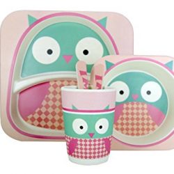 Jocca Set Cena per Bambini, Motivo: Gufo, in bambù, Colore: Rosa/Verde/Bianco, 25.5 x 23.5 x 9.5 cm