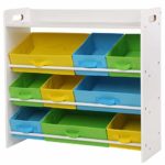 SONGMICS Scaffale per Giocattoli con 9 Contenitori di Tessuto Non Tessuto Rimovibili, Mobile Portaoggetti per Bambini, Cameretta, Stanza dei Giochi, Struttura di Legno con Mensola, Bianco GKR31WT