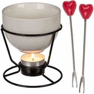 marion10020 – Set fonduta di Cioccolato, per 2 Persone, Circa 10 x 9 cm, in Porcellana, con 2 forchette a Forma di Cuore