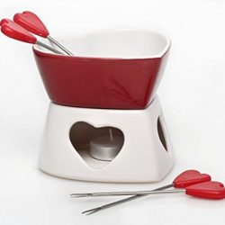 FORMA CUORE CERAMICA FORMAGGIO CIOCCOLATO TE CHIARO CANDELA Set per fonduta pentola & 4 forchette