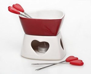 FORMA CUORE CERAMICA FORMAGGIO CIOCCOLATO TE CHIARO CANDELA Set per fonduta pentola & 4 forchette