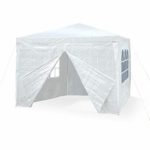 JOM 127134 Gazebo da giardino, 3 x 3 m, con 4 pareti laterali, 3 finestre e 1 porta con chiusura lampo, materiale PE 110G, barre di metallo, giunzioni plastiche, impermeabile, con picchetti e corde di tensione, bianco