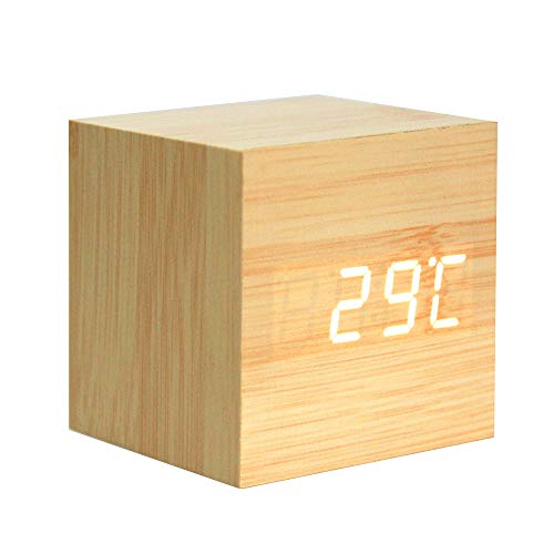 Lanker Sveglia In Legno – Mini Cubo Ha Portato L’Orologio Digitale Con Visualizzazione Di Ora/Data / Temperatura, Ideale Per I Viaggi In Ufficio – AC10 Yellow_White