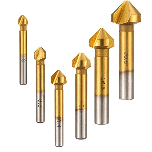 WITASM Svasatore Conico in HSS Titanio Rivestito 90°Gradi 6 Pezzi Svasatura Conica in HSS con Codolo Esagonale Punta Svasatore Legno, 6,3mm 8,3mm 10,4mm 12,4mm 16,5mm 20,5mm