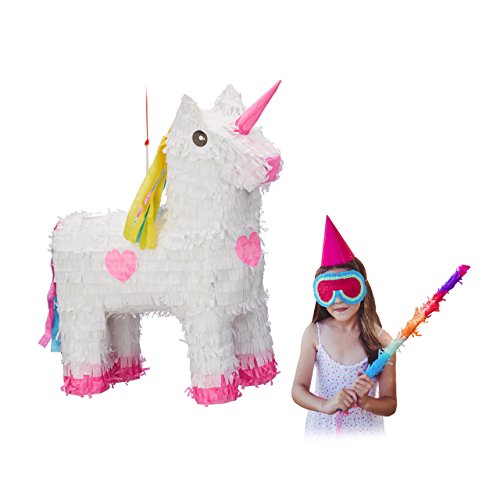 Relaxdays 10022562 Pignatta Unicorno da Riempire, per Feste di Compleanno Bambini, HxLxP: 47 x 43 x 13 cm, Bianco-Rosa