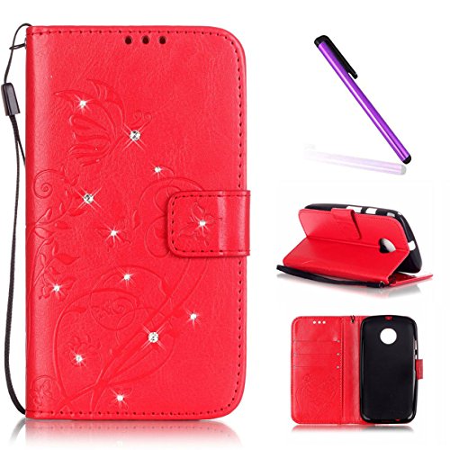 Emaxelers – Custodia per il nuovo Motorola Moto E 2015, seconda generazione, in pelle sintetica PU, Wallet Case, Flip Cover, funzione stand, arricchita da glitter, strass e farfalla