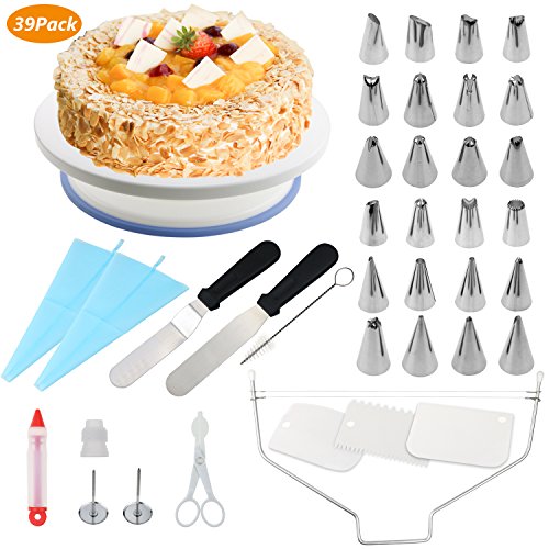 WisFox Decorazione la Torta Kit di Utensili Decorazioni Torte 39 Pezzi per Torta, Borse ed Ugelli per Glassa, Giradischi, Spatola, Chiodo per Fiori, Fresa per Dolci, Spazzola