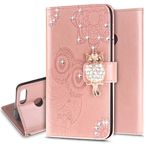 Ukayfe Cover Huawei P Smart,Custodia Huawei Enjoy 7S Portafoglio, Luxury Protettiva Flip Portafoglio Cover in PU Pelle con Strass di Cristallo Scintillante per Huawei P Smart/Enjoy 7S.Oro Rosa