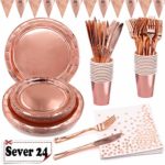 Shinelee Oro Rosa Party Set Piatti Biodegradabili Tovaglioli Tazza Coltelli Forchette Triangolo Banner Matrimonio Compleanno Set di Forniture per Festa Oro Rosa 24 Ospiti