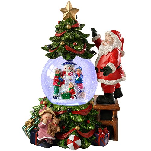 WeRChristmas, Palla di Vetro con Neve Carillon, con Babbo Natale e Albero di Natale, Cambia Colore, Decorazione Natalizia, 23 cm