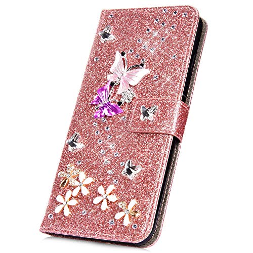 Surakey Cover Compatibile con Samsung Galaxy A5 2017 Custodia Flip PU Pelle Glitter Bling Strass Case Libro Portafoglio Cover con Supporto Porte Carte Custodia per Samsung Galaxy A5 2017,Oro Rosa