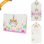 YiRAN Set di 16 Biglietti di invito Unicorno, per Feste a Tema o Compleanni per Bambini