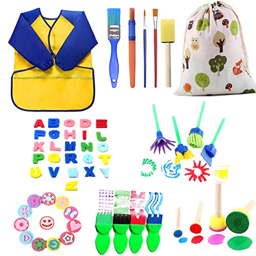 Kit di Pittura per Bambini,56 Pezzi Early Learning Kids Set di Pittura tra Cui spugnetta, Pennello per Fiori, Set di pennelli, Grembiule Impermeabile a Manica Lunga e 26 Lettere, Borsa di stoccaggio