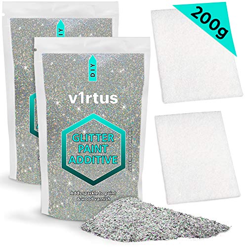 V1rtus – Additivo olografico per vernice glitter argento (2 x 100 g) + 2 tamponi lucidanti inclusi, mescolare con qualsiasi vernice a emulsione per una perfetta finitura luminosa