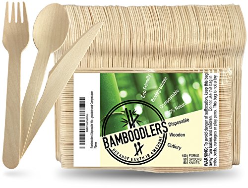 BAMBOODLERS Set di Posate in Legno Usa e Getta | 100% Naturale, Ecologico, Biodegradabile e Compostabile – Perché la Terra è fantastica! Confezione da 200 (100 forchette, 50 cucchiai, 50 coltelli)