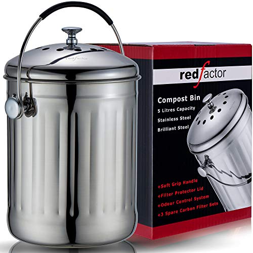 RED FACTOR Premium Compostiera da Cucina Inodore in Acciaio Inox – 5 Litri, Inox Lucido (3 Filtri di Ricambio in Carbone Attivo Inclusi)