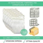 Kit 12 Sacchetti Compatibili Per Vorwerk Folletto VK135/136 + 12 Profumini + 2 Filtri Griglia Motore + 2 Filtri HEPA- Garanzia 24 Mesi Figevida