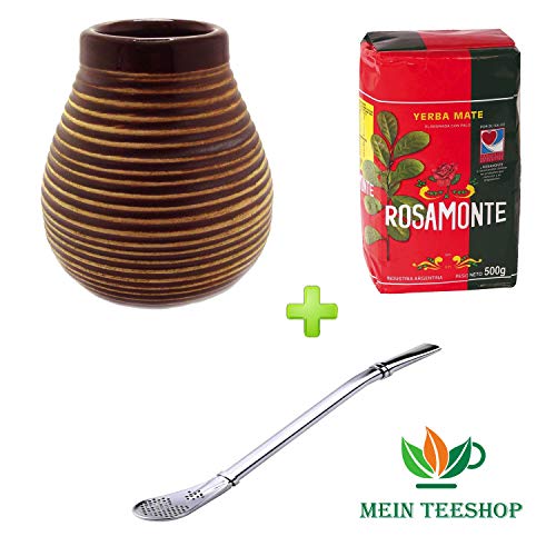 Mein Teeshop, set per mate: tazza in ceramica marrone, bombilla in acciaio inox e Yerba Mate Rosamonte da 500 g