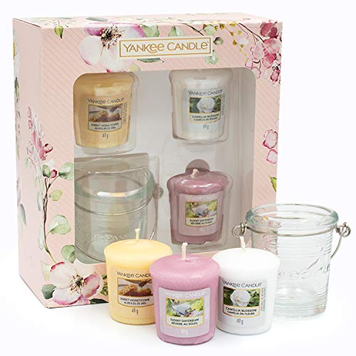 YANKEE CANDLE Collezione Garden Hideaway Set Regalo 3 Profumate e 1 Supporto per Candele Votive, Bianco