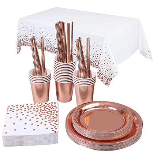 Topways® Rose Gold Party Tableware, Oro Rosa Party Set Piatti Tovaglia Tovaglioli Tazza Matrimonio Compleanno cannucce Set di Forniture per Festa Oro Rosa 16 Ospiti 2