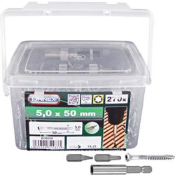 CON:P B30250 – Viti per terrazzo 5 x 50 mm, Torx, in acciaio INOX A2, con 1 porta inserti magnetico e 2 inserti, 270 pezzi