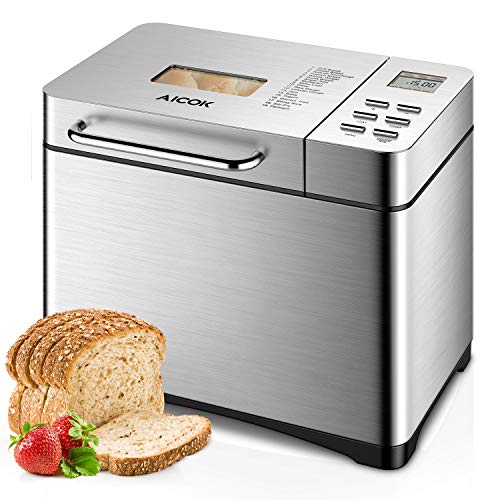 Macchina per il Pane, Aicok 19 Programmi Automatici Macchina del Pane in Acciaio Inossidabile, Capacità 1kg, Senza Glutine, 3 Livelli di Doratura, Display LCD, 650W