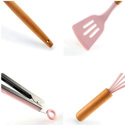 Zcoins, set di 11 utensili da cucina in silicone con manici e supporto in legno, set di utensili da cucina (rosa) 5