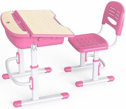 Scrivania Tavolo Sedia Ergonomica Per Bambini Basculante Scrittoio Set Di Mobili Altezza Regolabile Per L’apprendimento Lampada LED Per Computer Cassetto Rosa 5