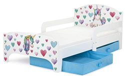 Smart Letto Lettino per Bambini in Legno Cassetto Cassettone e Materasso Magnifiche Stampe Mobili per Bambini Attrezzatura Stanza per Bambino, Dimensioni del Materasso 140×70 Unicorno