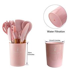 Zcoins, set di 11 utensili da cucina in silicone con manici e supporto in legno, set di utensili da cucina (rosa) 4