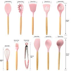 Zcoins, set di 11 utensili da cucina in silicone con manici e supporto in legno, set di utensili da cucina (rosa) 3