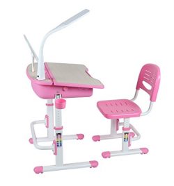 Scrivania Tavolo Sedia Ergonomica Per Bambini Basculante Scrittoio Set Di Mobili Altezza Regolabile Per L’apprendimento Lampada LED Per Computer Cassetto Rosa