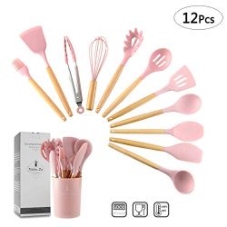 Zcoins, set di 11 utensili da cucina in silicone con manici e supporto in legno, set di utensili da cucina (rosa)