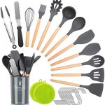 NEXGADGET Set di 30 Utensili da Cucina in Silicone Naturale, con Manici in Legno, Set di Spatole Antiaderenti, Utensili da Cucina, Elettrodomestici da Cucina, con Supporto, Ganci, Spazzola