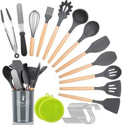 NEXGADGET Set di 30 Utensili da Cucina in Silicone Naturale, con Manici in Legno, Set di Spatole Antiaderenti, Utensili da Cucina, Elettrodomestici da Cucina, con Supporto, Ganci, Spazzola