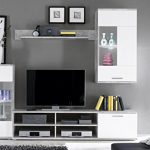 AVANTI TRENDSTORE – Felipe – Parete da soggiorno in laminato di colore bianco e cemento d’imitazione. Illuminazione LED compresa, dimensioni: LAP 230x185x38 cm