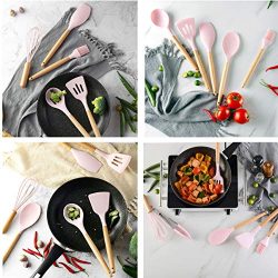 Zcoins, set di 11 utensili da cucina in silicone con manici e supporto in legno, set di utensili da cucina (rosa) 7