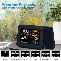 Kalawen Orologio Proiezione Soffitto Temperatura Esterna Interna con Sensore Esterno, Previsioni Stazione Meteo Sveglia Proiettore Dimmerabile 2-Allarmi LCD Display di Calendario Temperatura umidità 4